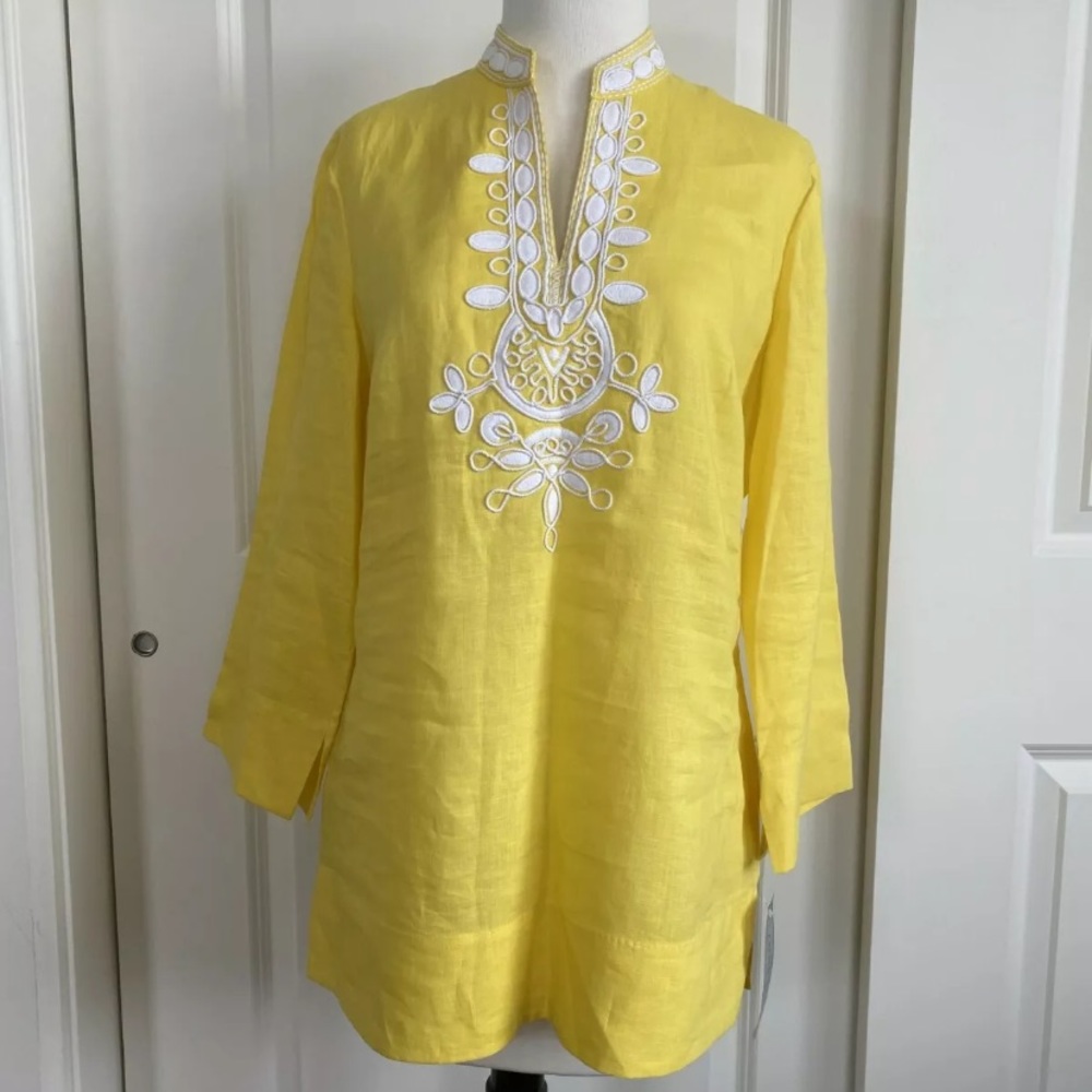 Anne Klein yellow linen embroidered tunic